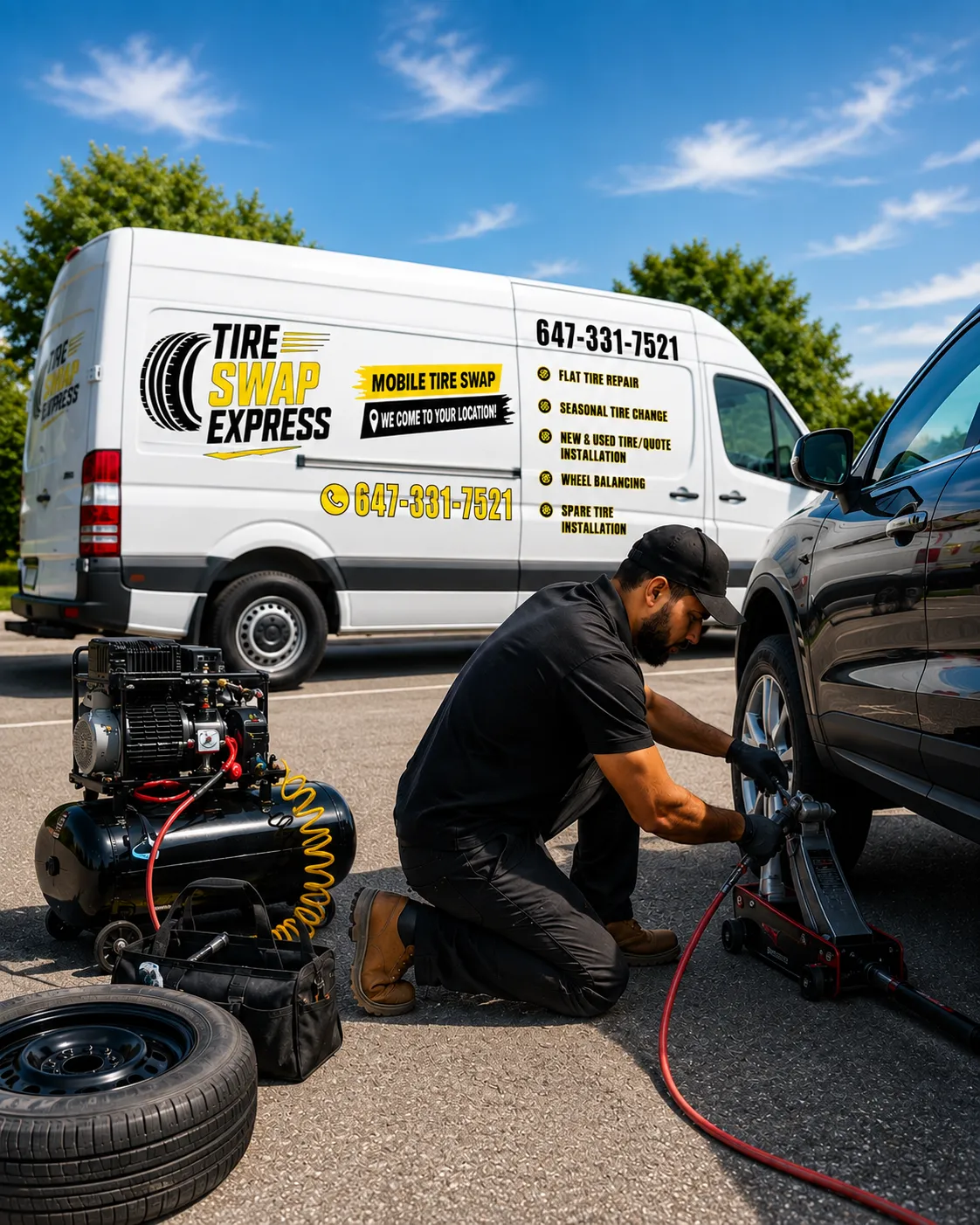 Mobile technician repairing flat tire in Toronto driveway