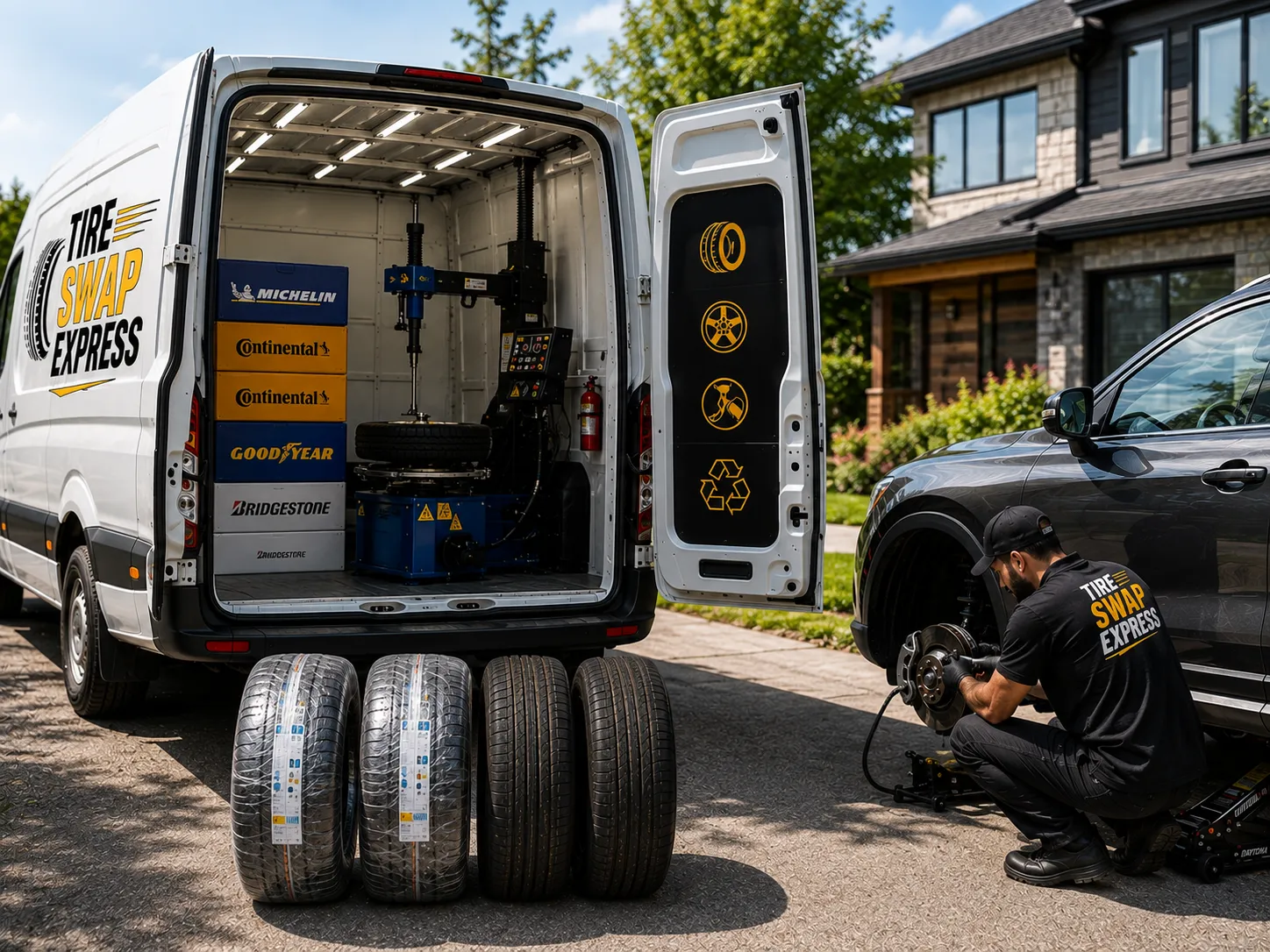 New and used tires installation on driveway